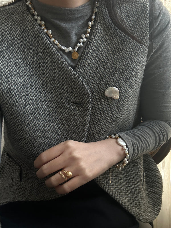 Hand-set Double Sliver Plated 18K Gold Bead Pearl Ring