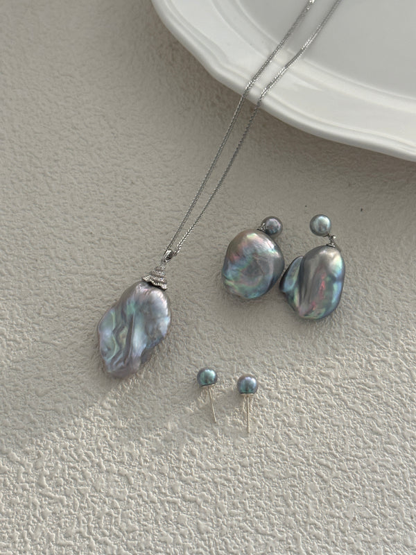Colorful Blue Grey Baroque Sliver925 Necklace