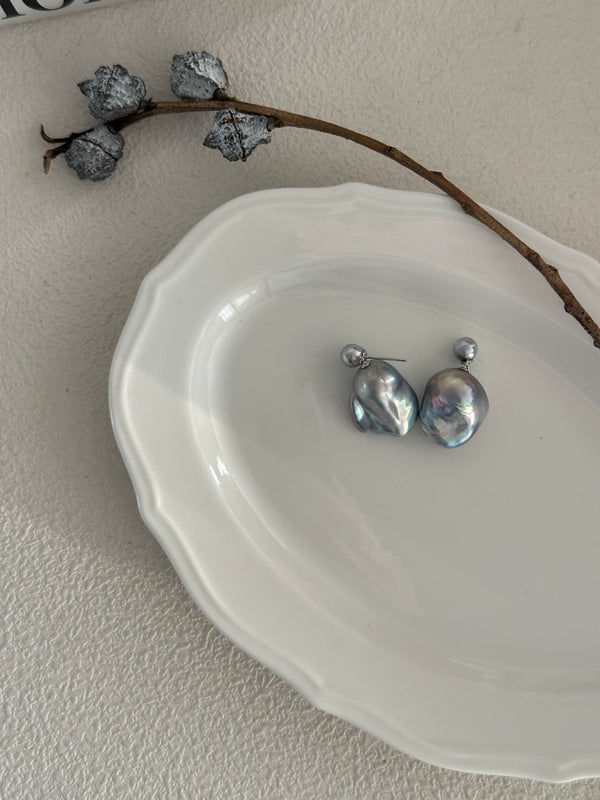Akoya Colorful Grey Baroque Double Pearl Earrings
