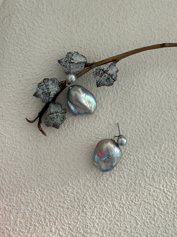 Akoya Colorful Grey Baroque Double Pearl Earrings