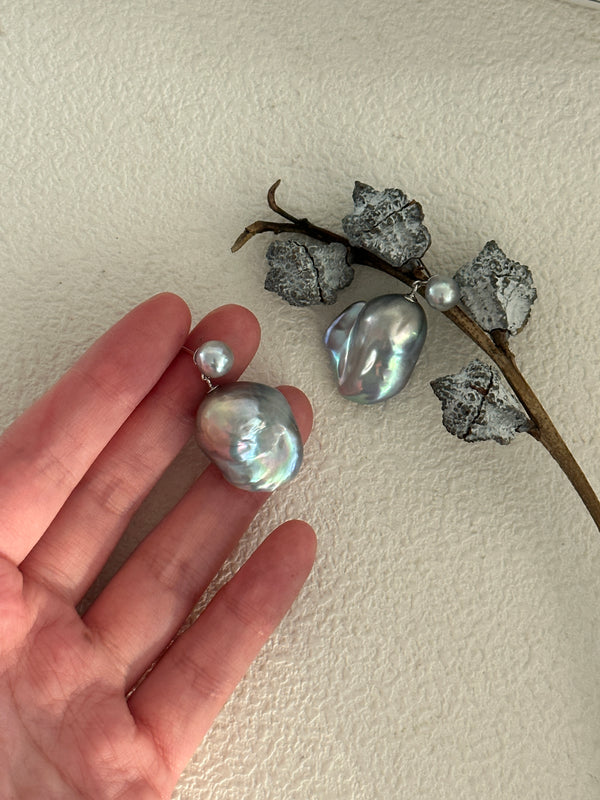 Akoya Colorful Grey Baroque Double Pearl Earrings