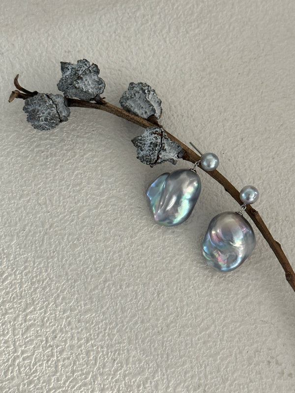 Akoya Colorful Grey Baroque Double Pearl Earrings