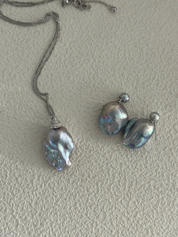 Akoya Colorful Grey Baroque Double Pearl Earrings
