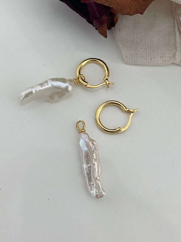 Unique Lute-Shaped Sliver 18k Baroque Pearl Earrings