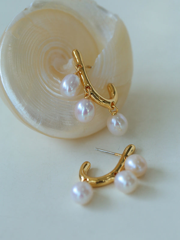 J-Shaped Geometric Freshwater Pearl Earrings - Asymmetric Minimalist Jewelry for Curated Edge