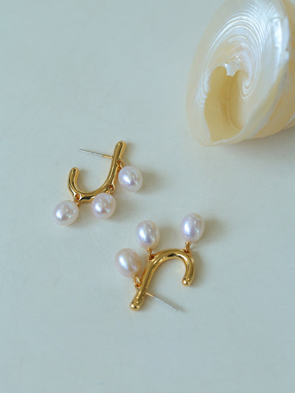 J-Shaped Geometric Freshwater Pearl Earrings - Asymmetric Minimalist Jewelry for Curated Edge