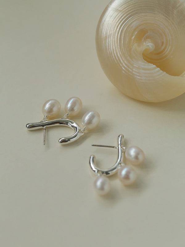 J-Shaped Geometric Freshwater Pearl Earrings - Asymmetric Minimalist Jewelry for Curated Edge