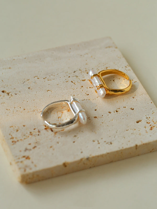 18K Plated Long Lute Baroque Open Pearl Ring