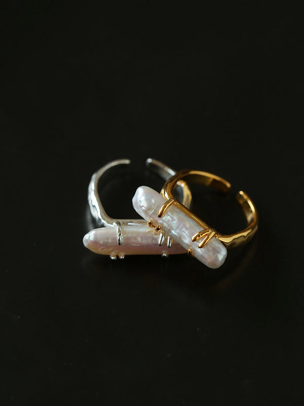 18K Plated Long Lute Baroque Open Pearl Ring