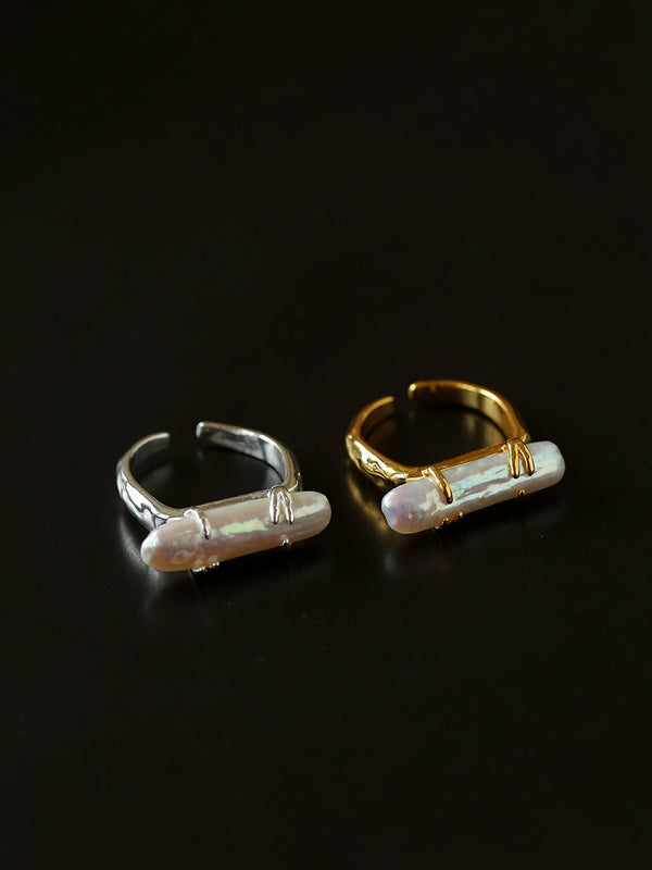 18K Plated Long Lute Baroque Open Pearl Ring