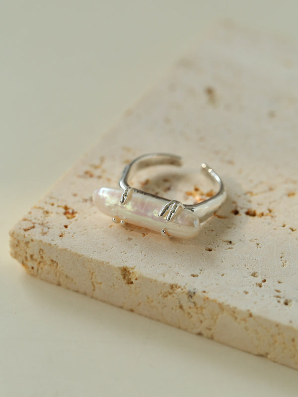 18K Plated Long Lute Baroque Open Pearl Ring