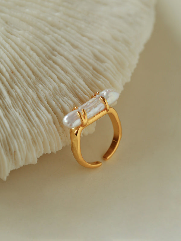 18K Plated Long Lute Baroque Open Pearl Ring
