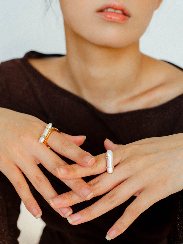 18K Plated Long Lute Baroque Open Pearl Ring