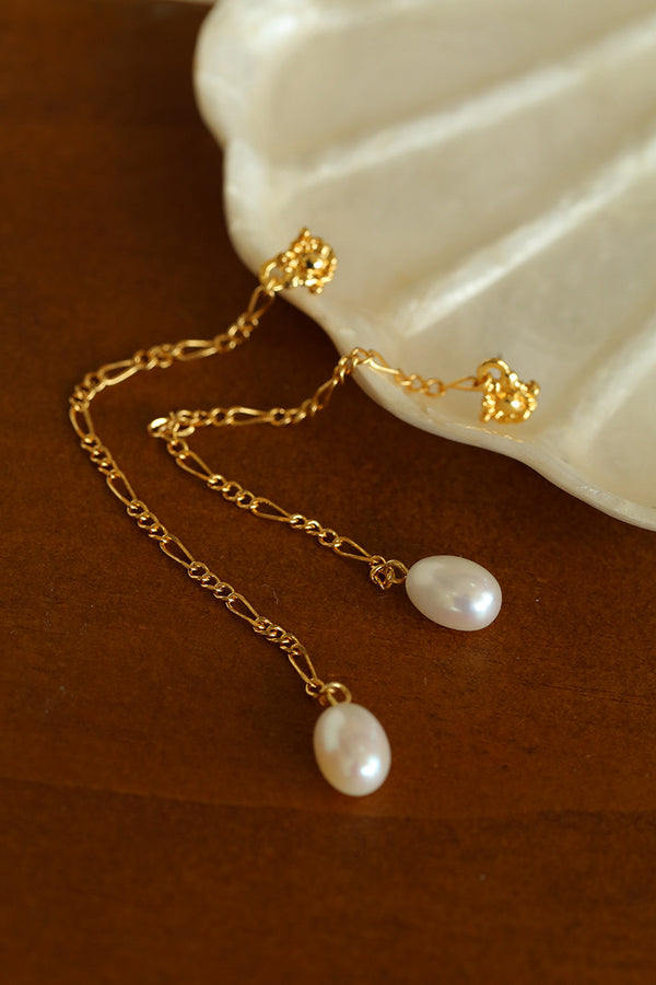 Silver Plated 18K Oval Tassel Pearl arrings