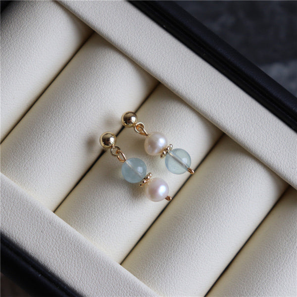 Natural Aquamarine Crystal Freshwater Pearl Earrings