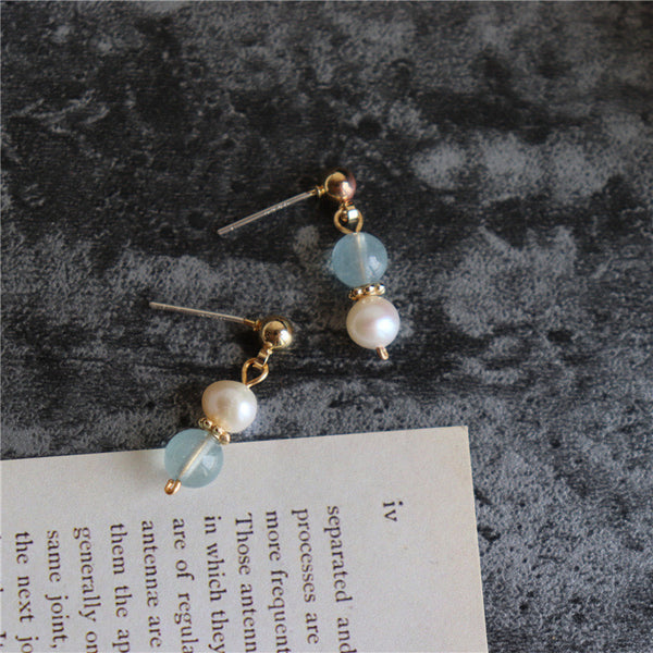 Natural Aquamarine Crystal Freshwater Pearl Earrings