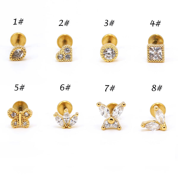 Sterling Silver S925 Sparkling Zircon Ear Bone Studs Flat-bottom Piercing