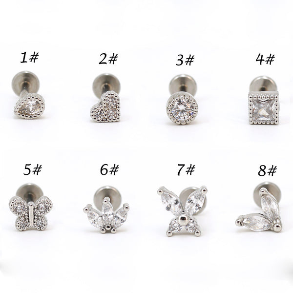 Sterling Silver S925 Sparkling Zircon Ear Bone Studs Flat-bottom Piercing